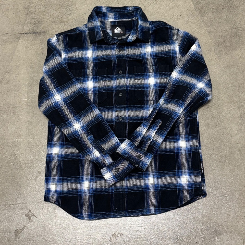 Quiksilver Mens Blue Black Plaid Flannel Shirt Long Sleeve Button Up Size Medium